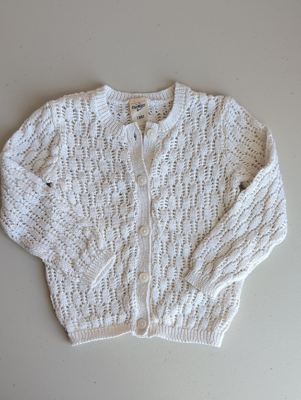 OshKosh B'gosh Gold Sparkle White Open-Knit Button Cardigan